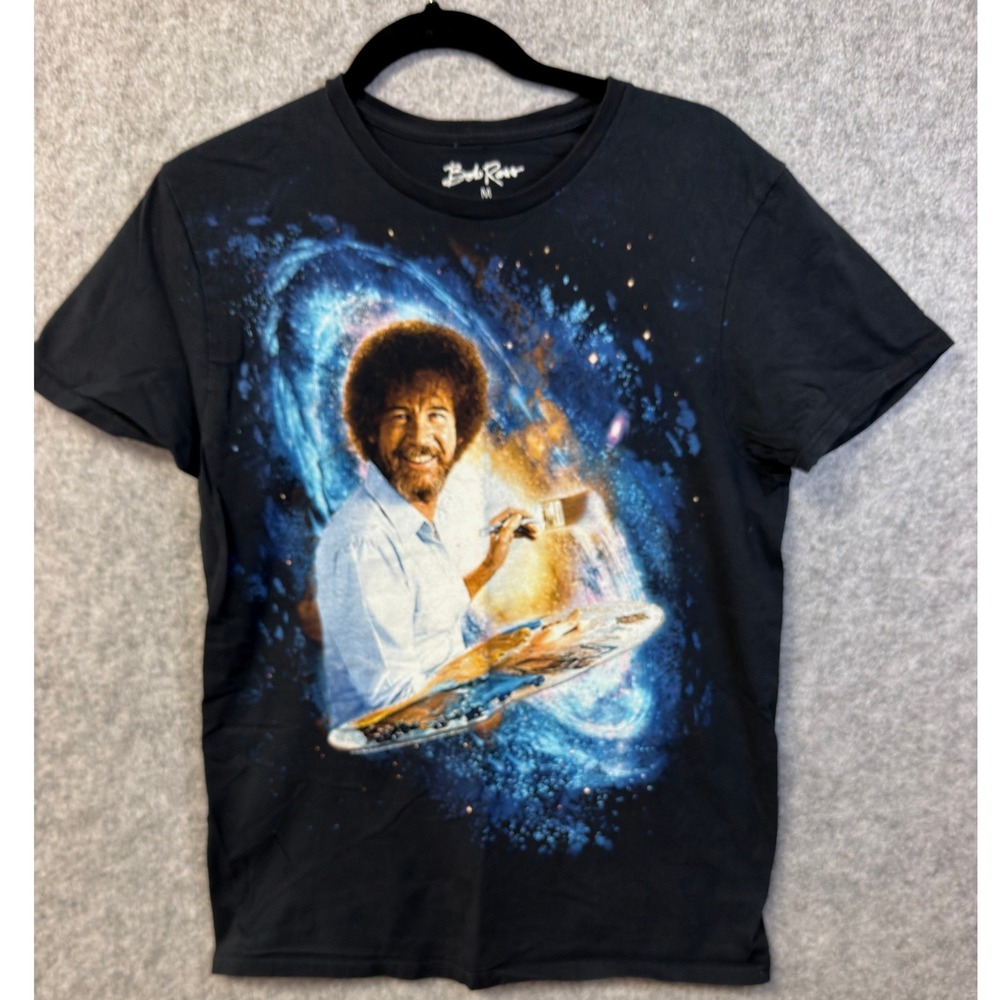 Bob Ross Galaxy Space Painting Black Graphic T-Shirt Mens Medium Cotton Art Tee